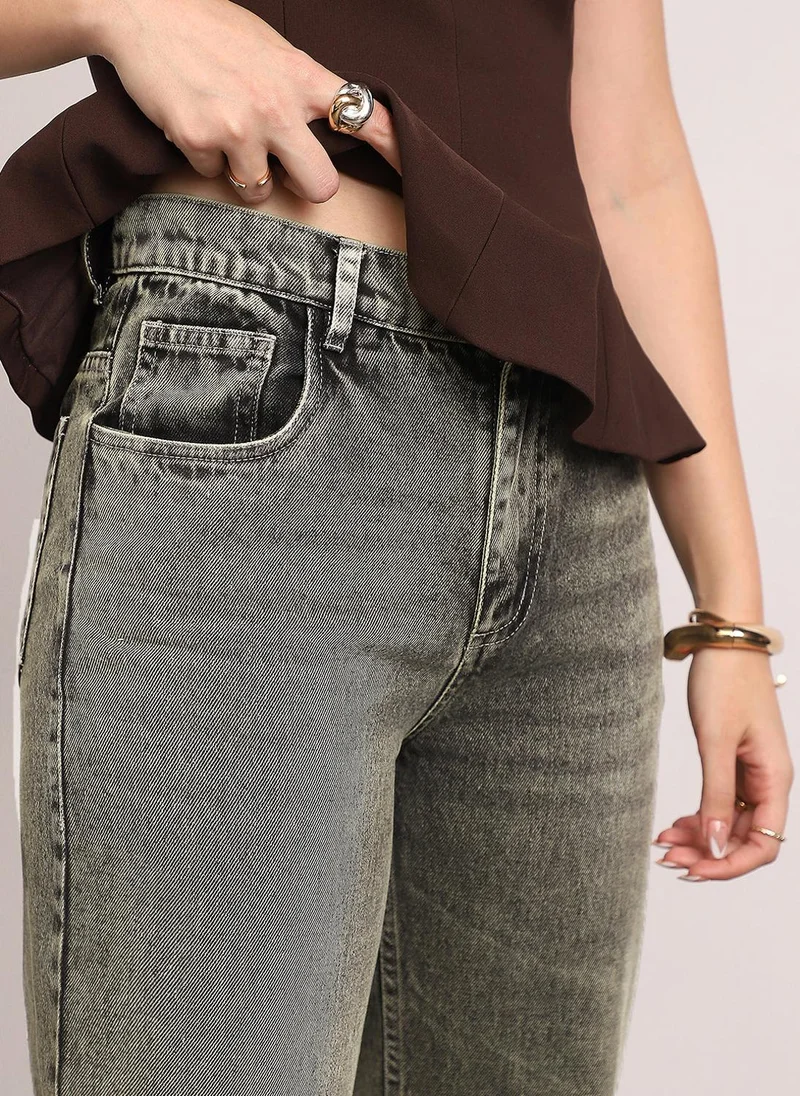 Urbano Fashion  Urbano Fashion Women's Ice Grey High Rise Straight Fit Washed Jeans Non-Stretchable for Women | Best Price UAE